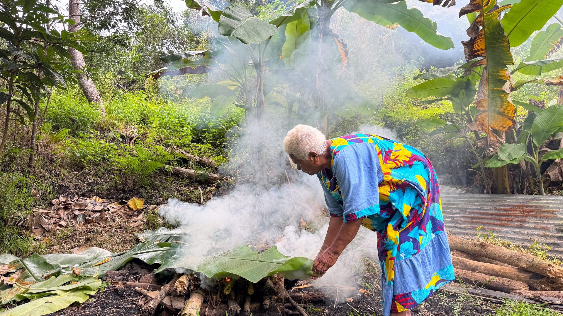 Woman cooks over smoking fire