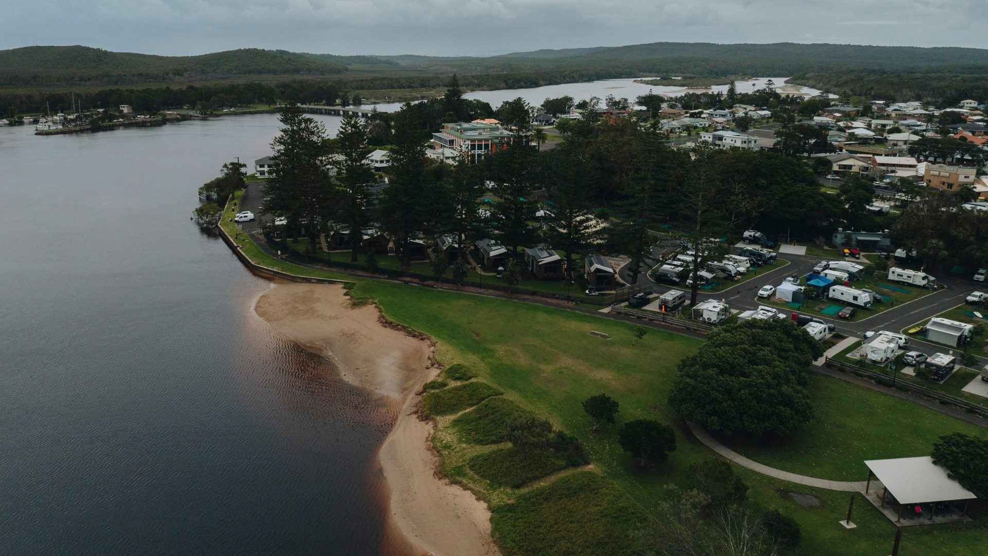 Aerial shot of accommodation near river