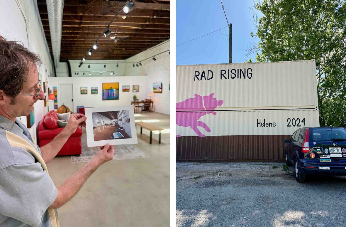 Left: An artist holds up a painting bearing the footprints of two beavers who entered the studio during the floods; Right; A shipping container with the waterline marking the floods