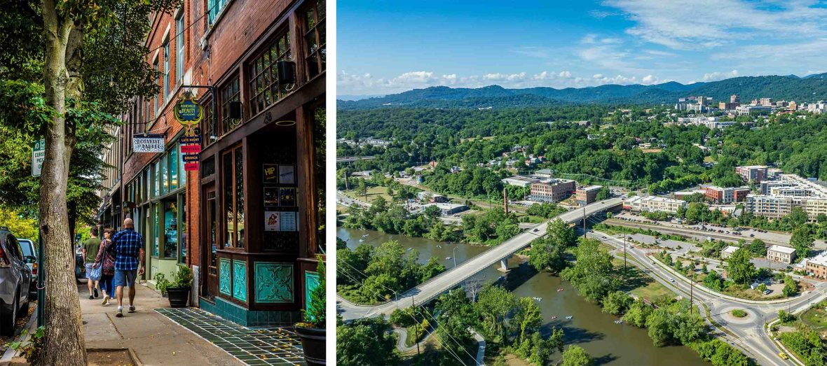 Left: A vertical shot of a pretty street in Asheville; Right: An aerial view over the mountains, river and buildings of Asheville.