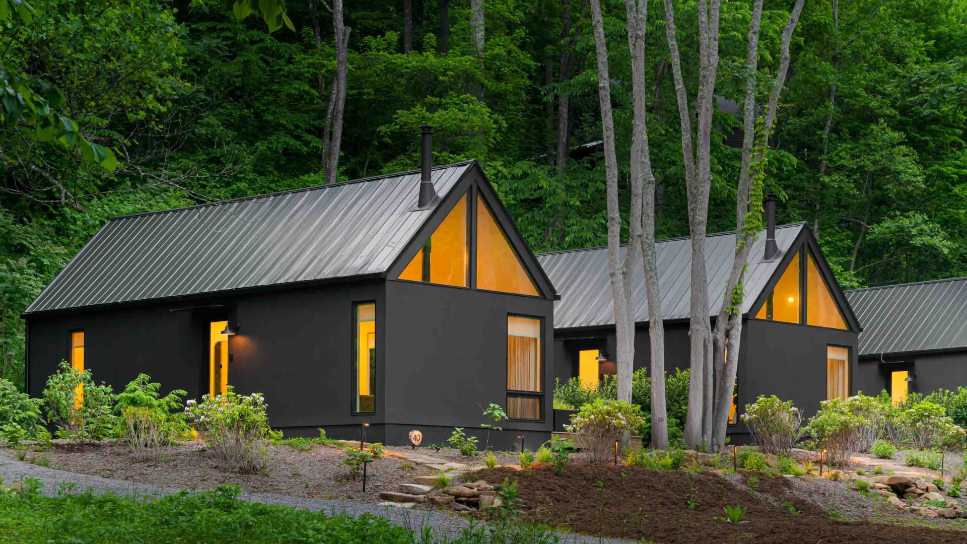 Two cabins surrounded by forest