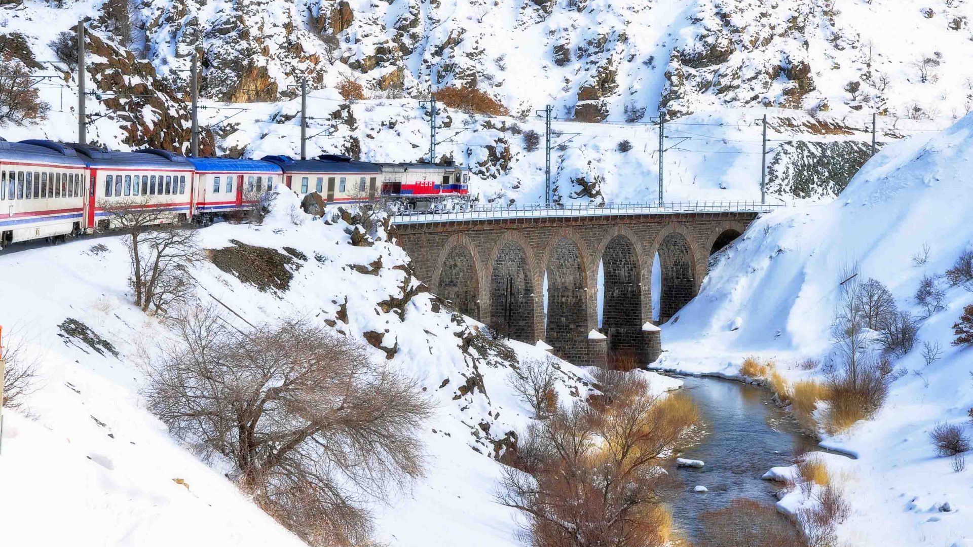 A train crosses an arched bridge in the snow.
