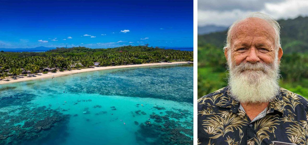 Left: A drone shot showing a resort on land leading to turquoise water with the word Bula underneath the surface.