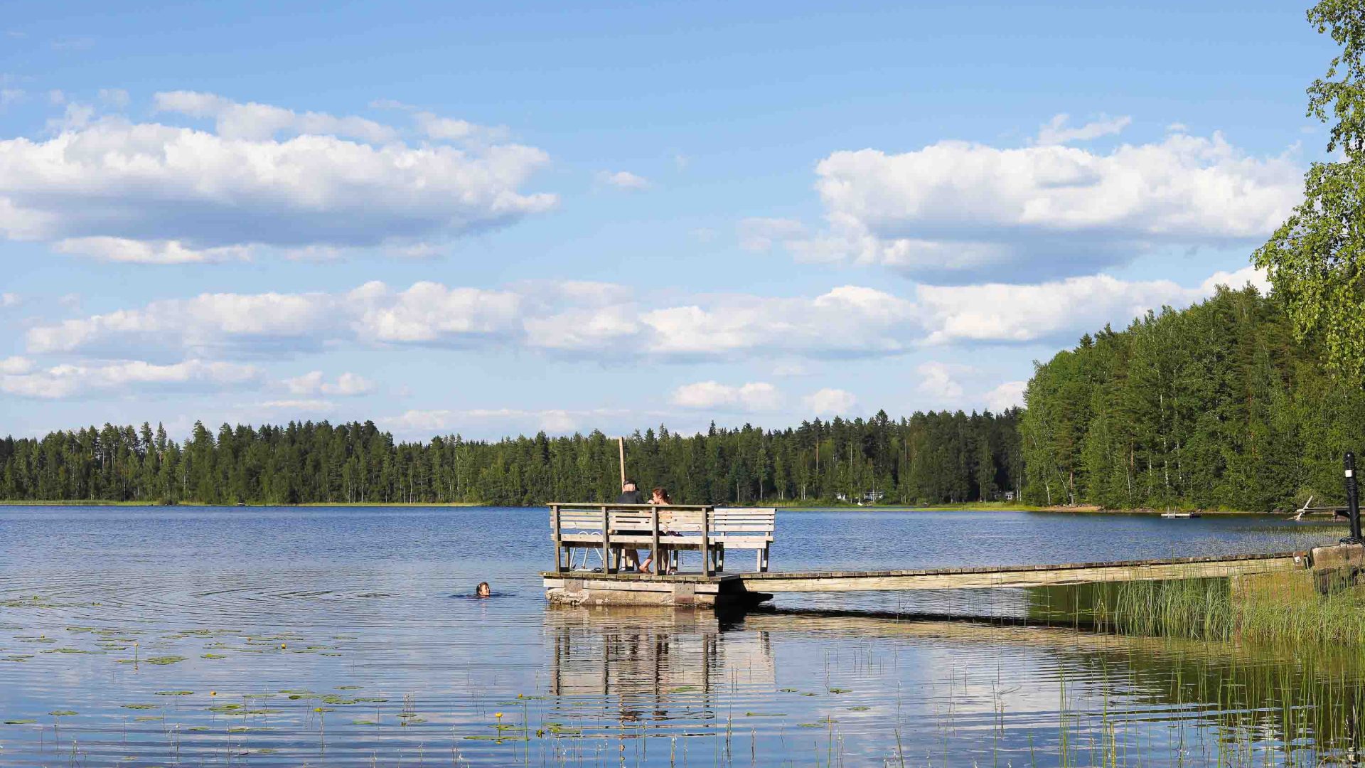 A bench on the end of a pier by the lake.