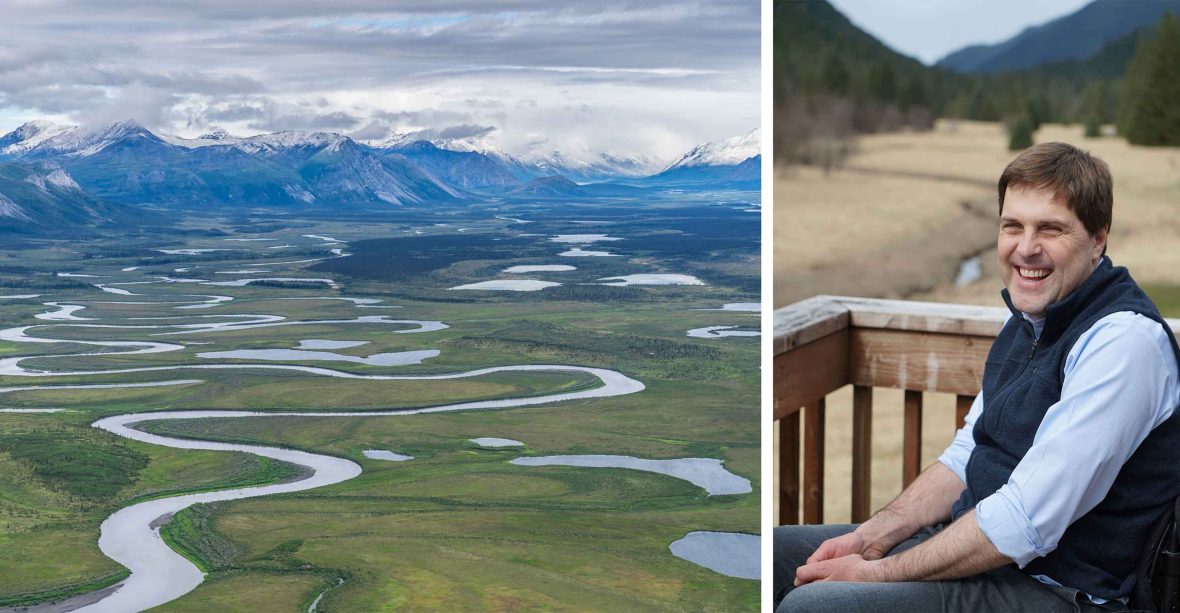 Left: A river winds toward mountains. Right: A portrait of a man sitting down, smiling to camera.