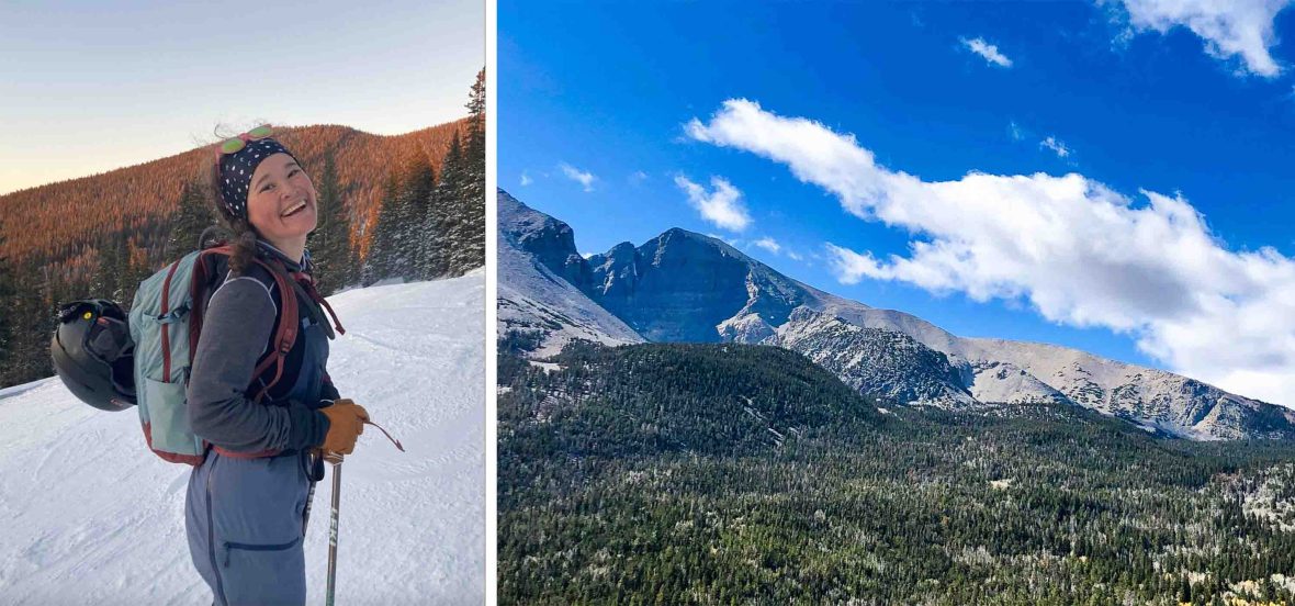 Left: A woman on a ski slope smiles. Right: Bare mountains lead to green valleys.