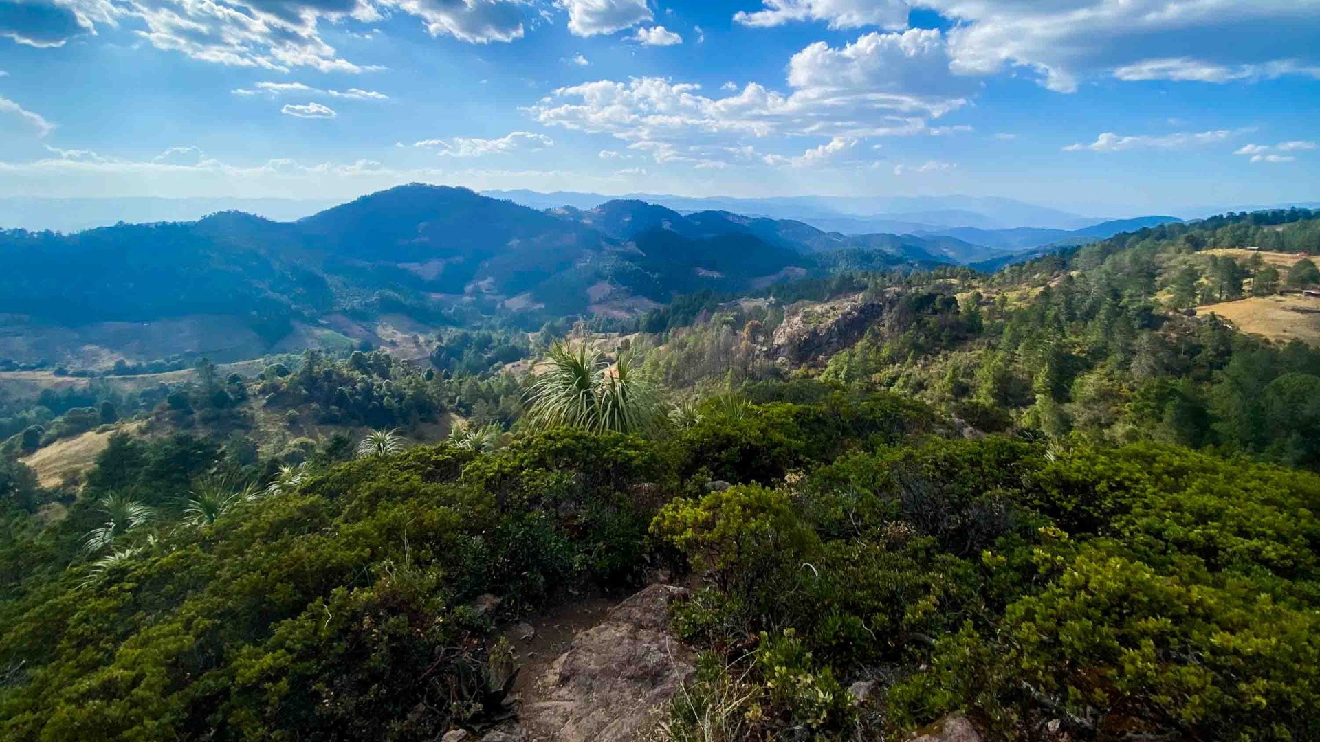 Mountains with green valleys in front of them.