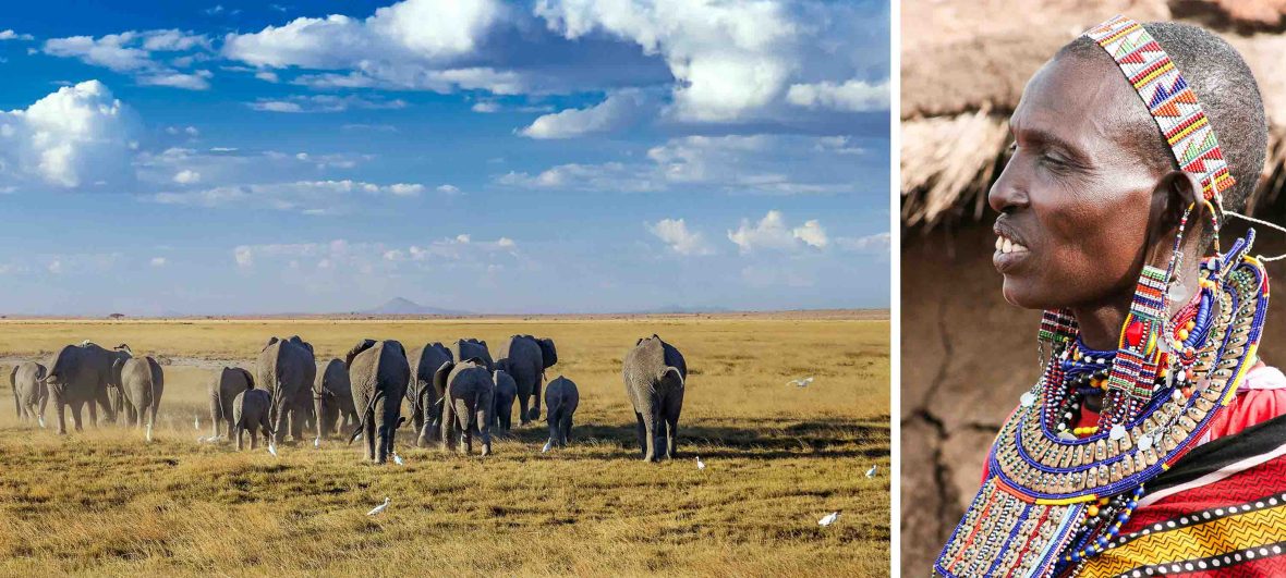 Left: Elephants on a plain. Right: A Masaii women's profile in traditional beads and headress.