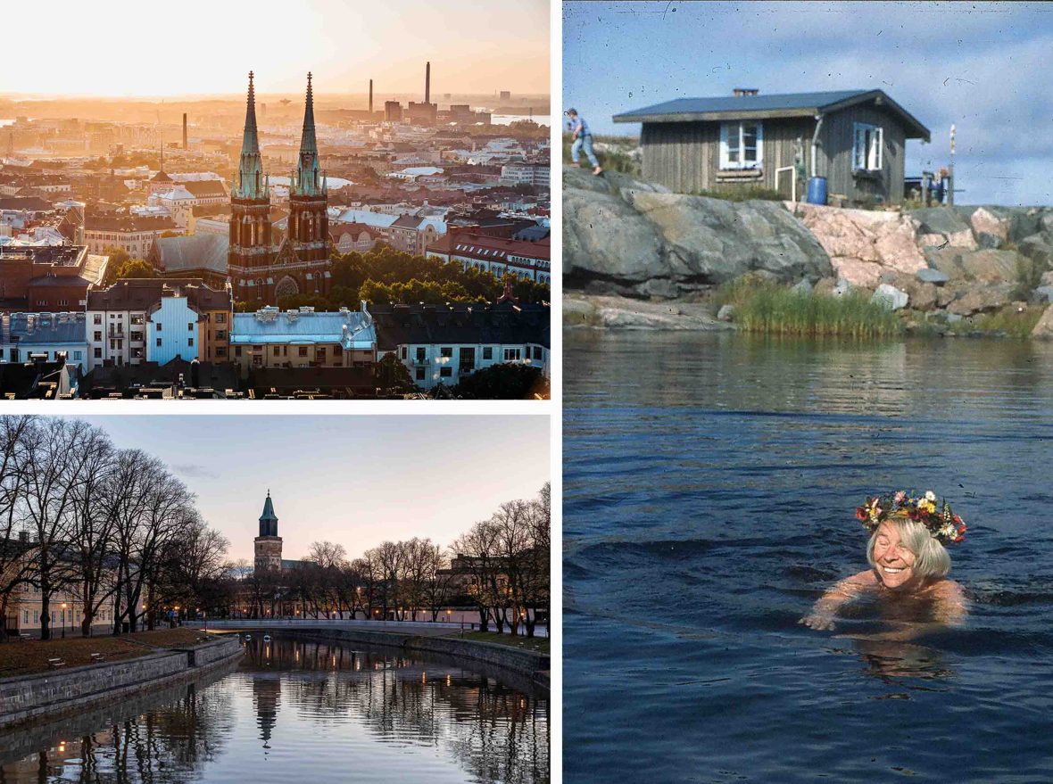 Top and bottom: Churches. Right: A woman swims in a lake.