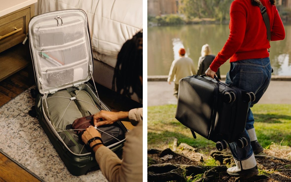 Left, a traveler's hands are visible as they secure clothing inside an open suitcase. Right, a traveler walks through a park while carrying a suitcase by its side handle.
