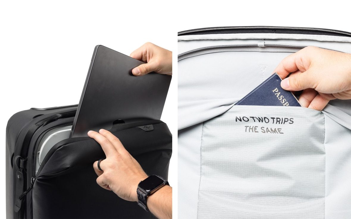Left: A close-up of someone putting a silver laptop into the front compartment of a small black suitcase; Right: A hand inserts a passport into a pocket in the suitcase with the text "NO TWO TRIPS THE SAME."