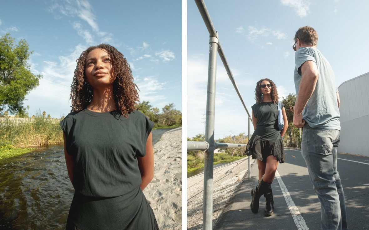 Left: Woman wearing black looks to blue sky; Right: Woman wearing black talks to man wearing blue t-shirt by a river
