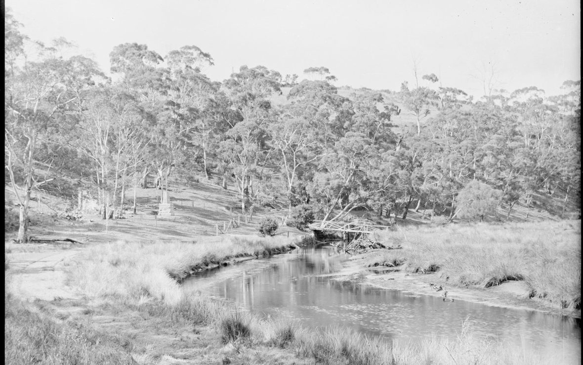 A faded black-and-white photograph showing a a small cove and stream with trees in the backdrop.
