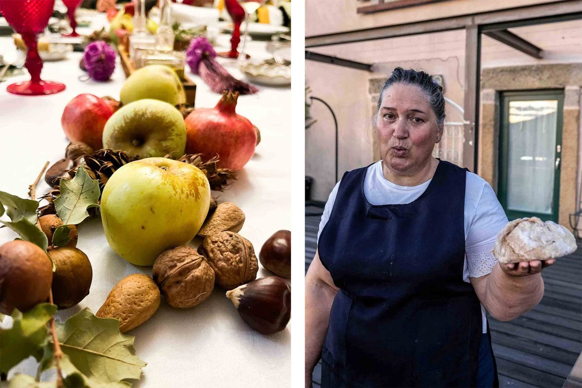 Left: One of the table displays with fruit and nuts. Right: A portrait of a woman holding bread.